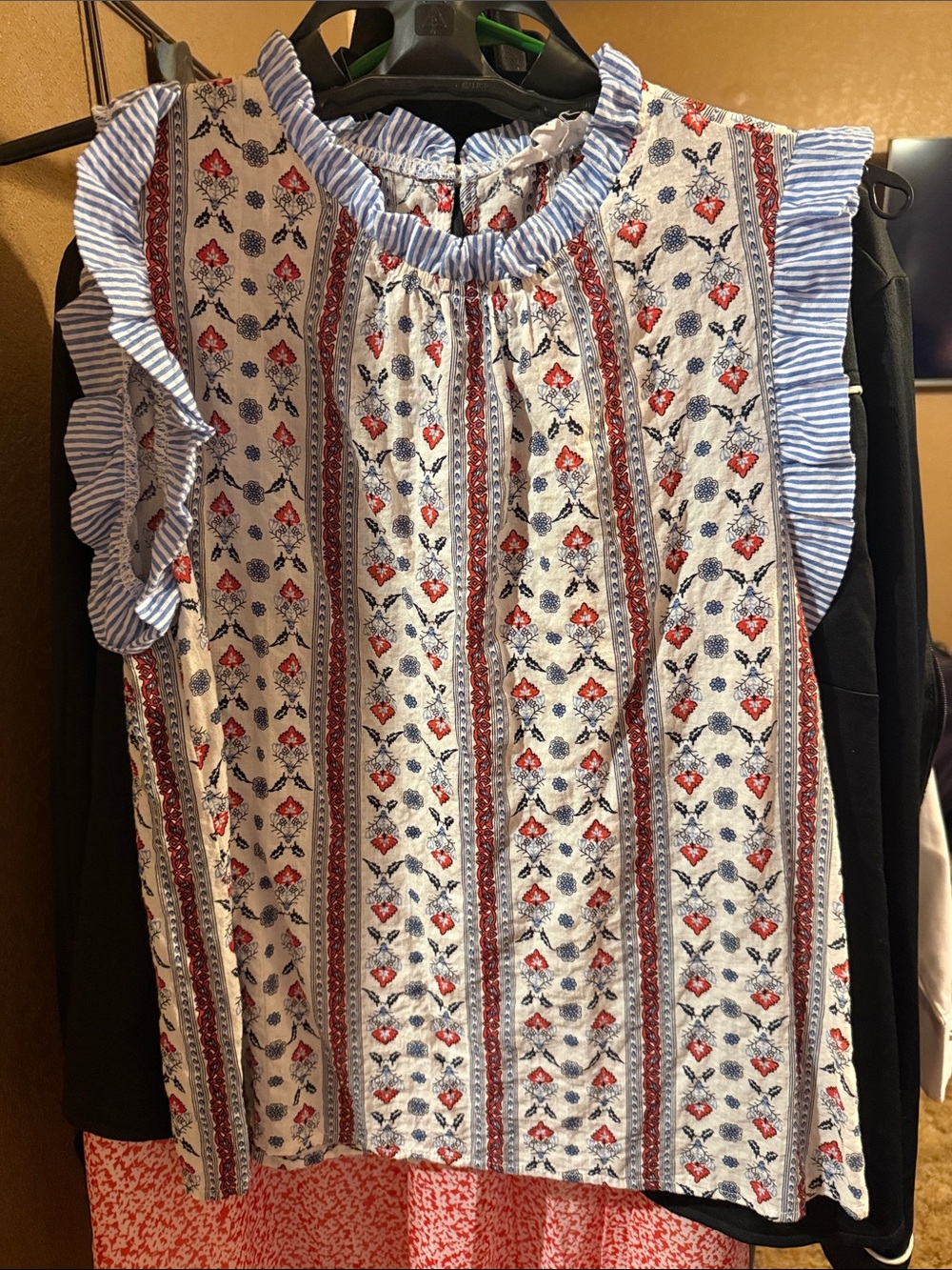 THML Blue & White Striped Floral Ruffle Tank